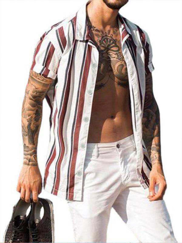 Trendy Striped Slim-Fit Lapel Cardigan - Lightweight Short-Sleeve Shirt for Effortless Style - MENLL