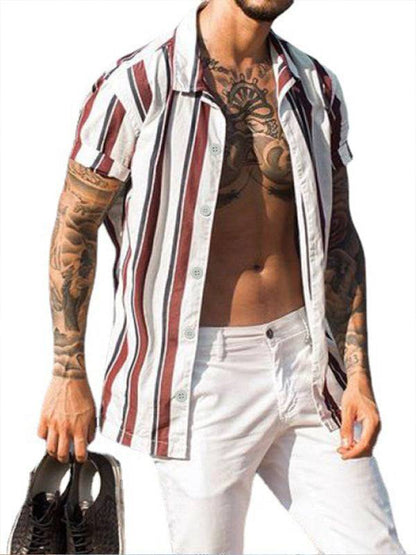 Trendy Striped Slim-Fit Lapel Cardigan - Lightweight Short-Sleeve Shirt for Effortless Style - MENLL