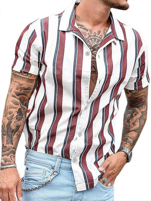 Trendy Striped Slim-Fit Lapel Cardigan - Lightweight Short-Sleeve Shirt for Effortless Style - MENLL