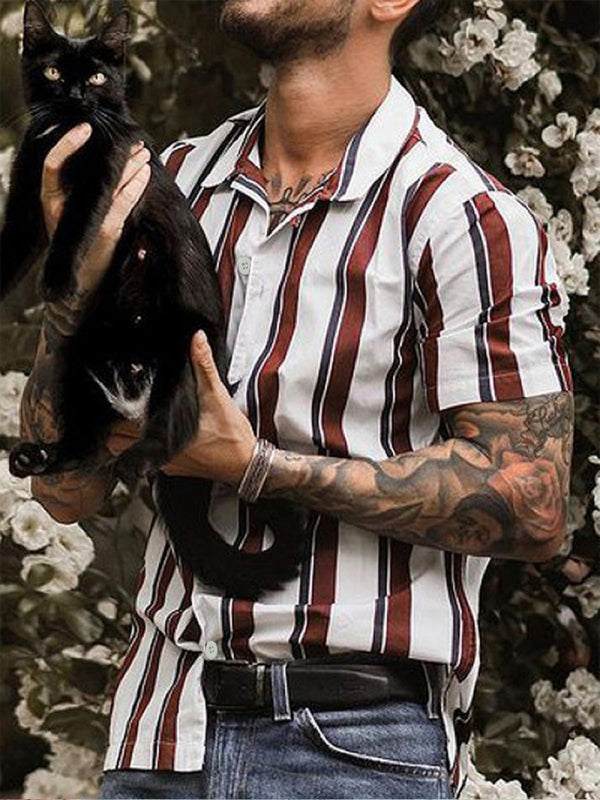 Trendy Striped Slim-Fit Lapel Cardigan - Lightweight Short-Sleeve Shirt for Effortless Style - MENLL