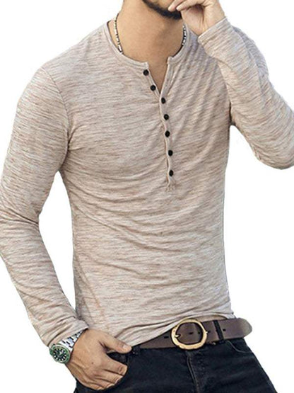 Chic Open Placket Slub Silk Long-Sleeve Slim Fit T-Shirt for Men - MENLL
