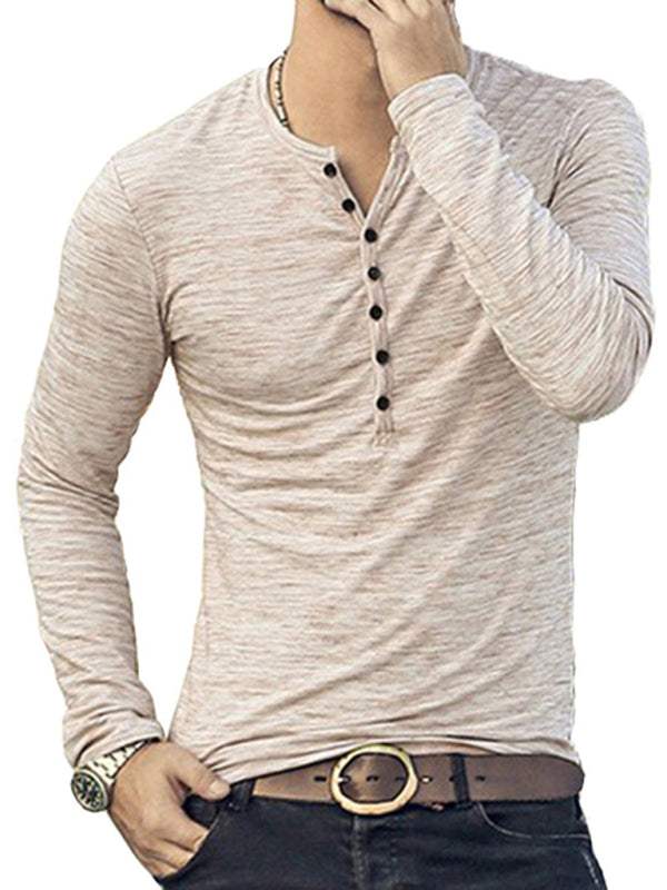 Chic Open Placket Slub Silk Long-Sleeve Slim Fit T-Shirt for Men - MENLL