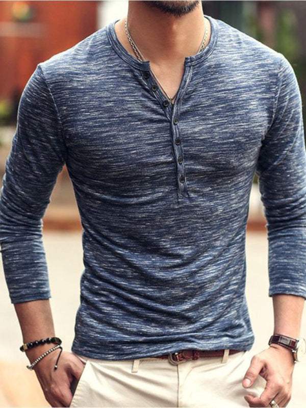 Chic Open Placket Slub Silk Long-Sleeve Slim Fit T-Shirt for Men - MENLL