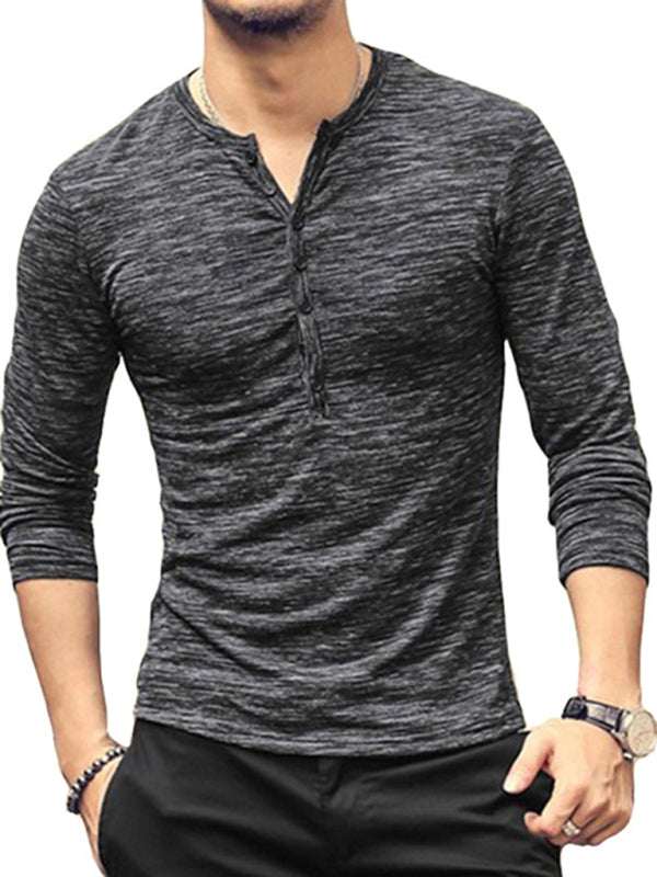 Chic Open Placket Slub Silk Long-Sleeve Slim Fit T-Shirt for Men - MENLL