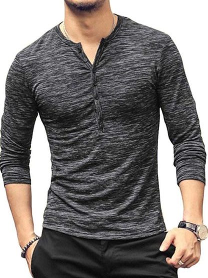 Chic Open Placket Slub Silk Long-Sleeve Slim Fit T-Shirt for Men - MENLL