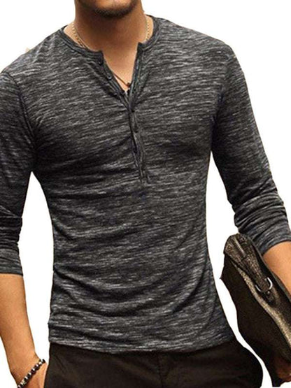 Chic Open Placket Slub Silk Long-Sleeve Slim Fit T-Shirt for Men - MENLL