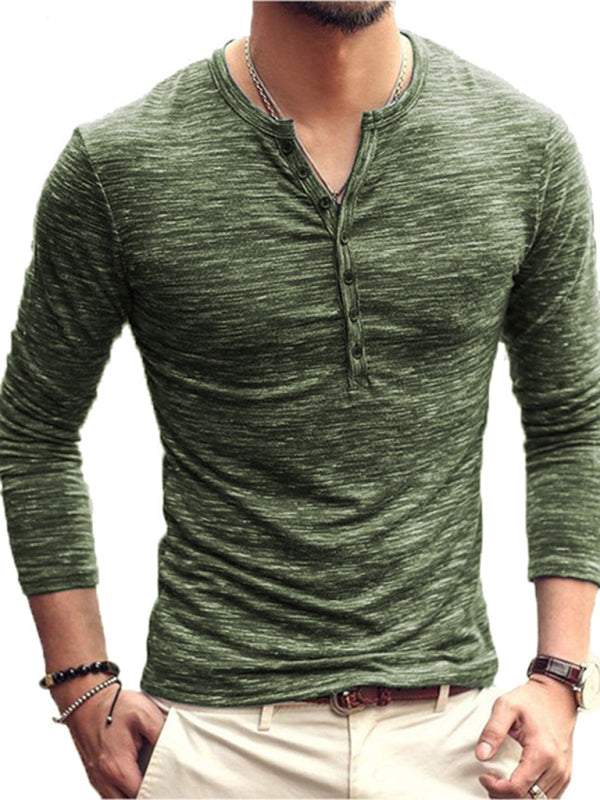 Chic Open Placket Slub Silk Long-Sleeve Slim Fit T-Shirt for Men - MENLL