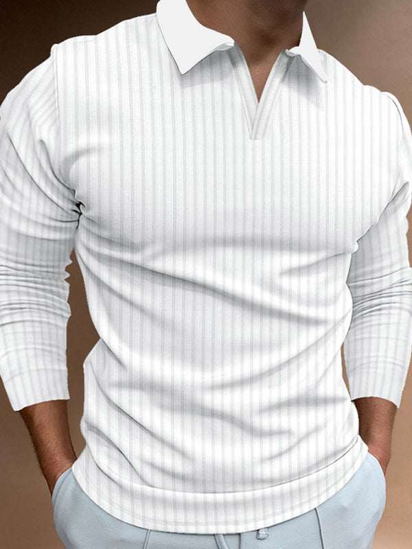 Chic V-Neck Polo with stand-up collar and vertical stripes, perfect for casual spring-summer outings.