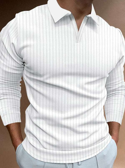 Chic V-Neck Polo with stand-up collar and vertical stripes, perfect for casual spring-summer outings.