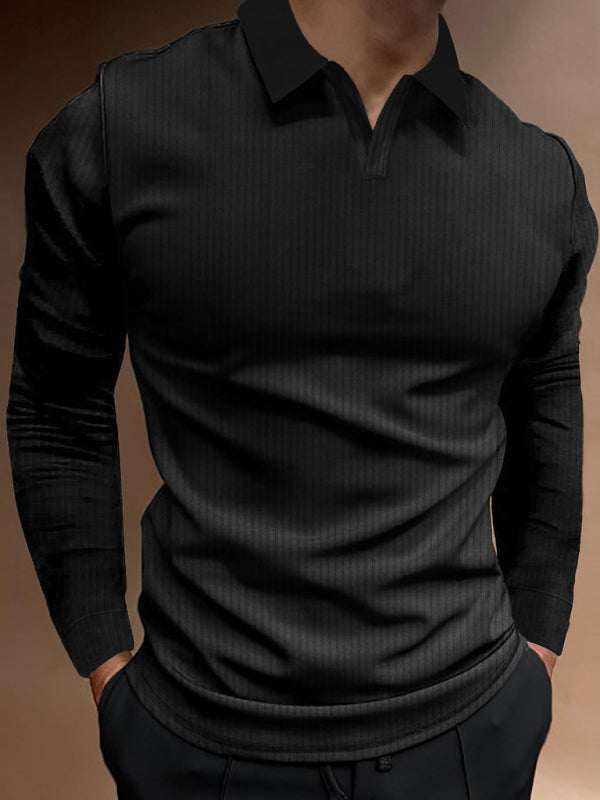 Chic V-Neck Polo with Stand-Up Collar and Vertical Stripes - Perfect for Spring-Summer! - MENLL