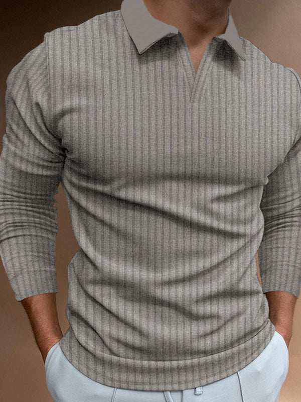 Chic V-Neck Polo with Stand-Up Collar and Vertical Stripes - Perfect for Spring-Summer! - MENLL