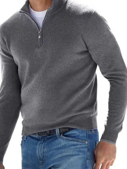 Chic V-Neck Wool Fleece Zippered Long Sleeve Polo Shirt for Effortless Autumn Style