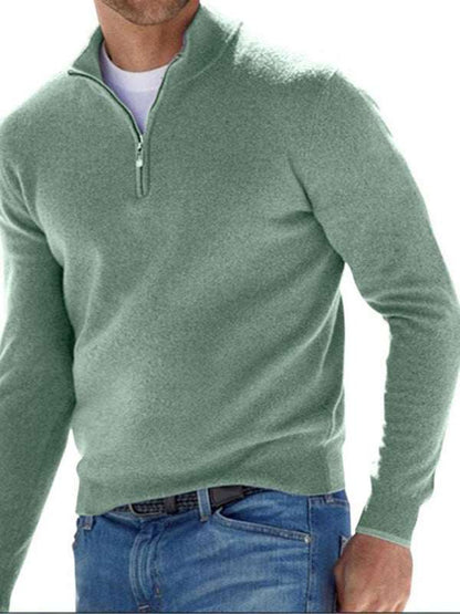Chic V-Neck Wool Fleece Zippered Long Sleeve Polo Shirt for Effortless Autumn Style