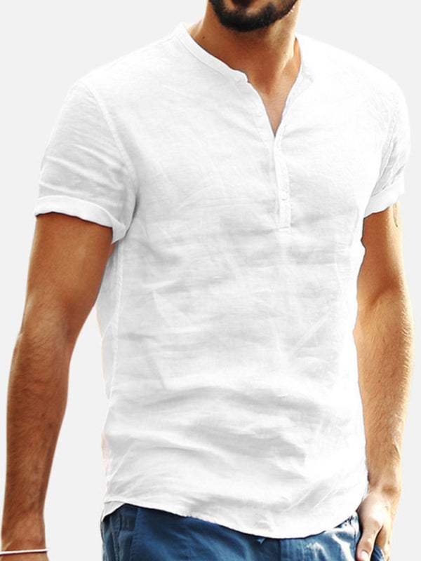Men's stand collar short sleeve V-neck cotton linen shirt in white, solid pattern, leisure style.