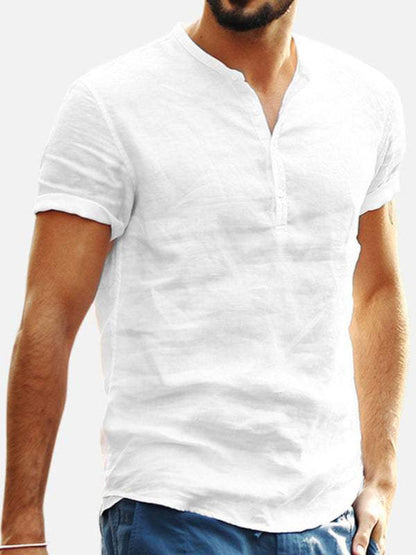 Men's stand collar short sleeve V-neck cotton linen shirt in white, solid pattern, leisure style.