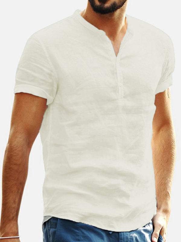Elevate Your Wardrobe: Men's Stylish Stand Collar Short Sleeve V-Neck Cotton-Linen Shirt - MENLL