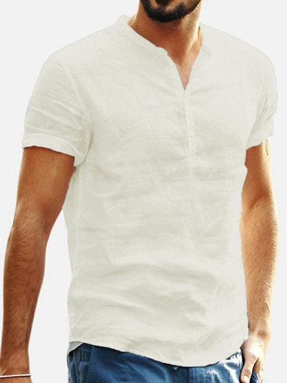 Elevate Your Wardrobe: Men's Stylish Stand Collar Short Sleeve V-Neck Cotton-Linen Shirt - MENLL