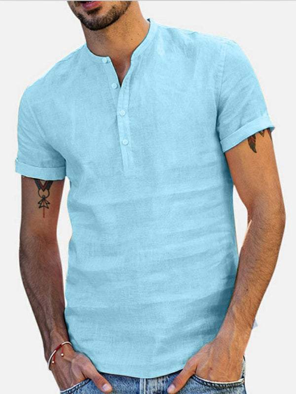 Elevate Your Wardrobe: Men's Stylish Stand Collar Short Sleeve V-Neck Cotton-Linen Shirt - MENLL
