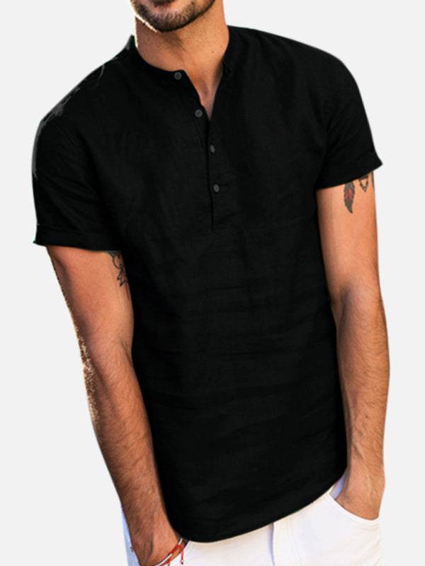 Elevate Your Wardrobe: Men's Stylish Stand Collar Short Sleeve V-Neck Cotton-Linen Shirt - MENLL