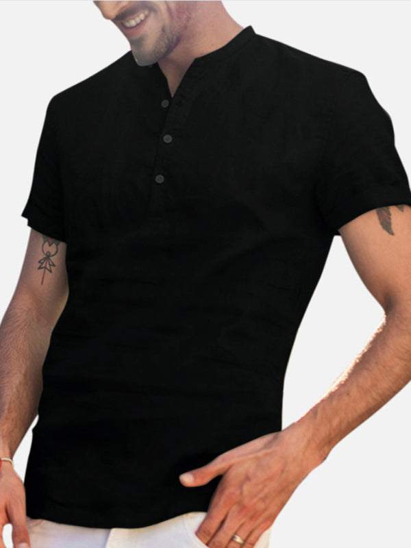 Elevate Your Wardrobe: Men's Stylish Stand Collar Short Sleeve V-Neck Cotton-Linen Shirt - MENLL