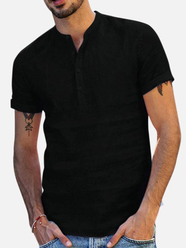 Elevate Your Wardrobe: Men's Stylish Stand Collar Short Sleeve V-Neck Cotton-Linen Shirt - MENLL