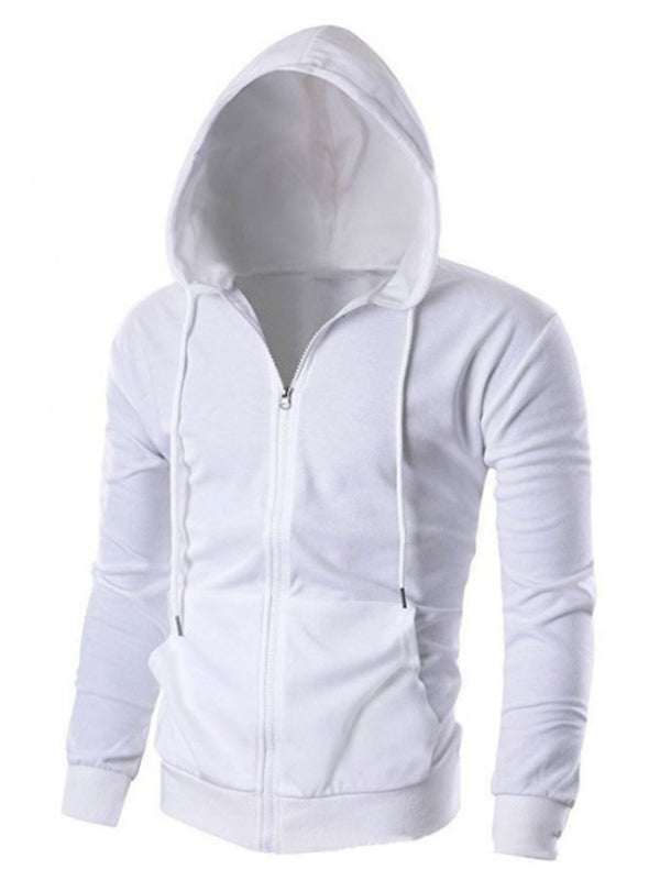 Men's solid color basic zipper hoodie with hood and pockets, polyester-spandex blend, white.