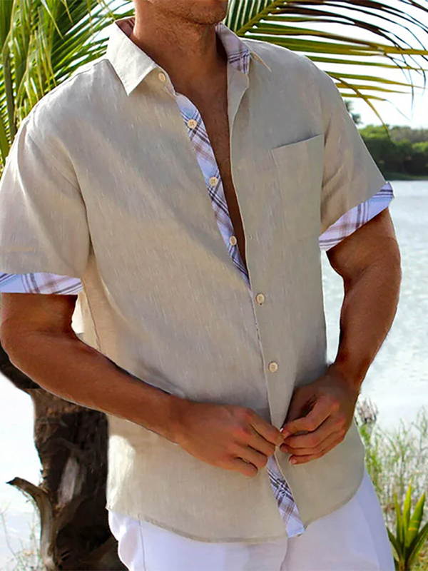 Luxe Men's Short Sleeve Vacation Shirt with Stylish Contrast Lapel - MENLL