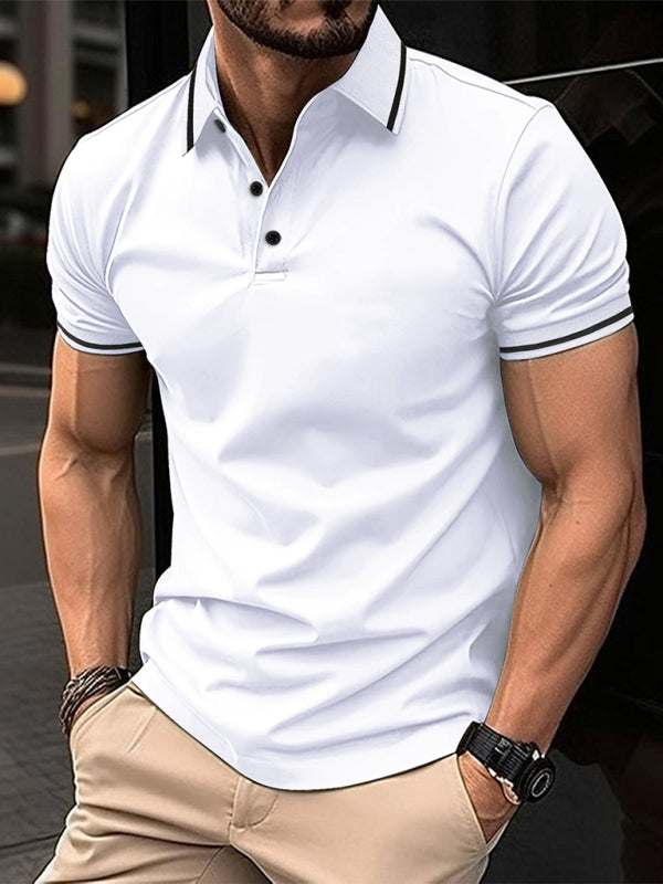 Fashionable ribbed collar sports polo shirt with button details, offering stylish comfort for any occasion.
