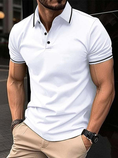 Fashionable ribbed collar sports polo shirt with button details, offering stylish comfort for any occasion.