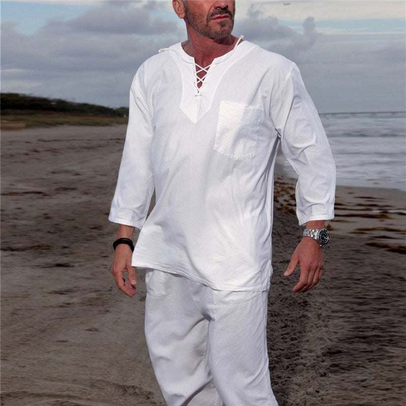Men's casual beach long-sleeved top, solid white, for spring-summer wear.