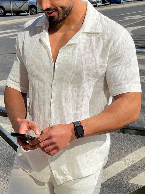 Men's solid color lightweight short sleeve lapel collar casual shirt.
