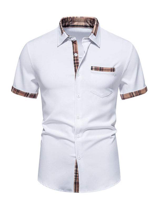 Men's casual collar buttoned plaid color block short sleeve shirt in white with plaid accents.