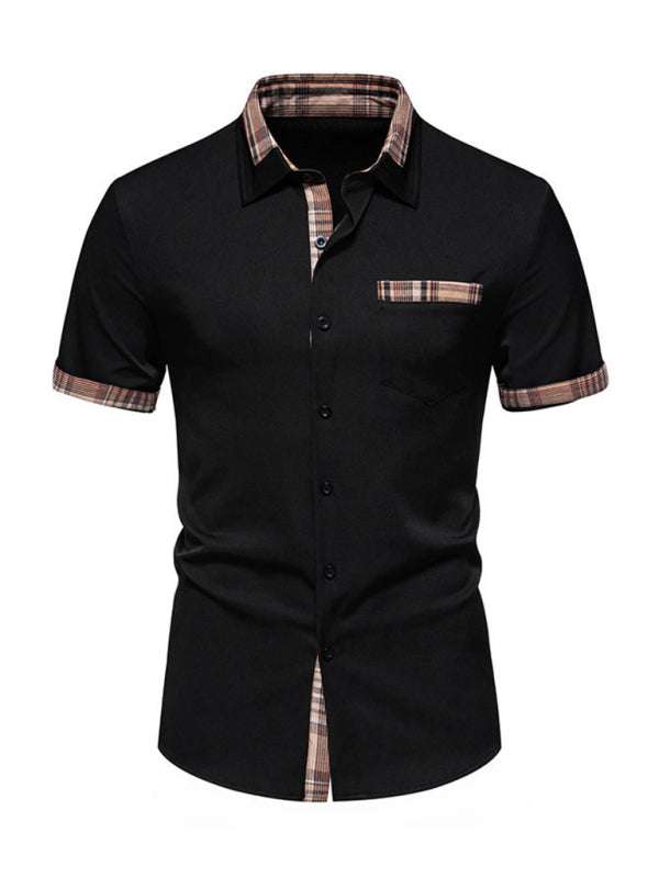 Stylish Men's Short Sleeve Plaid Color Block Shirt for Effortless Casual Elegance - MENLL