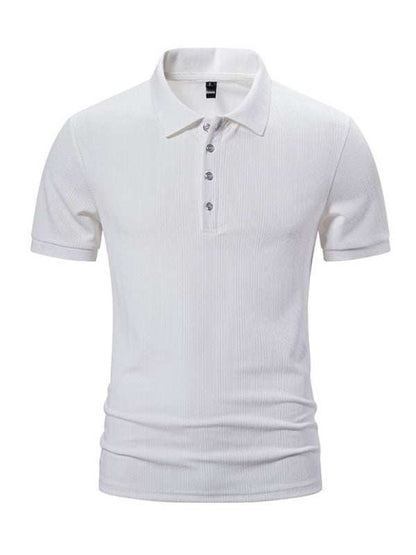 Men's white casual pit lapel polo shirt for spring-summer with slight elasticity.