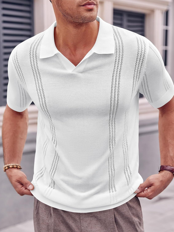 Men's white knitted V-neck short sleeve polo with lapel collar.