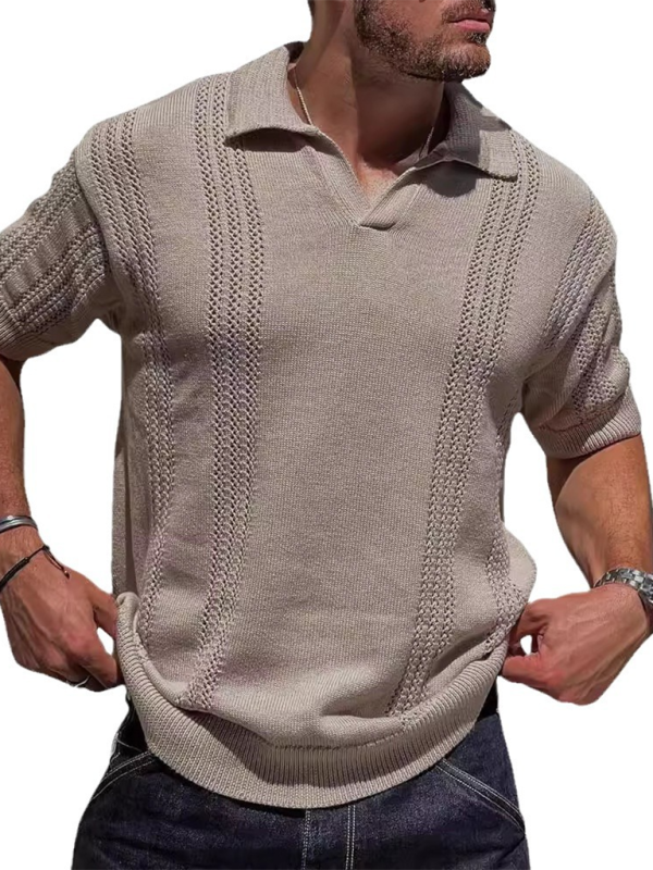 Stylish Men's V-Neck Short Sleeve Knitted Polo - Casual Solid Color Top for Spring-Summer - MENLL