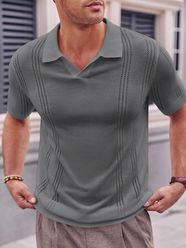 Stylish Men's V-Neck Short Sleeve Knitted Polo - Casual Solid Color Top for Spring-Summer - MENLL