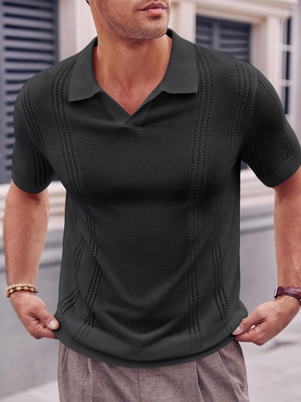 Stylish Men's V-Neck Short Sleeve Knitted Polo - Casual Solid Color Top for Spring-Summer - MENLL