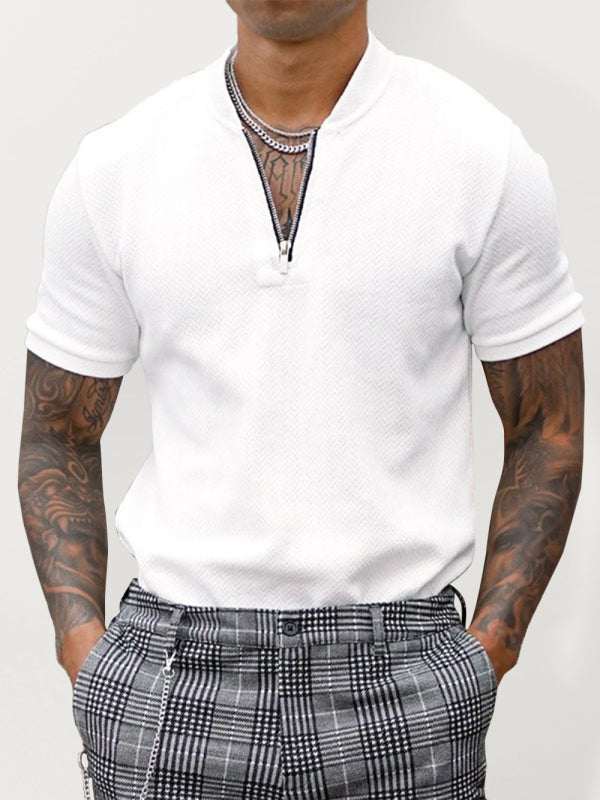 Solid color zipper stand collar casual short sleeve tee for men's effortless style.