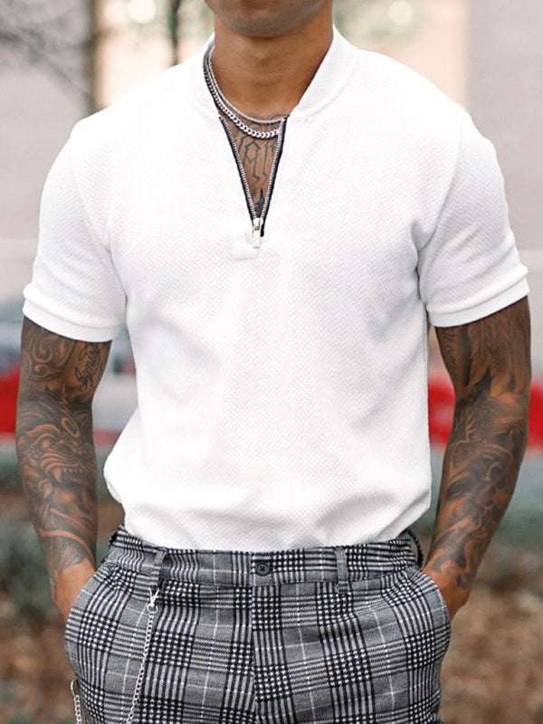 Stylish Men's Zipper Stand Collar Short Sleeve Tee for Effortless Casual Chic - MENLL