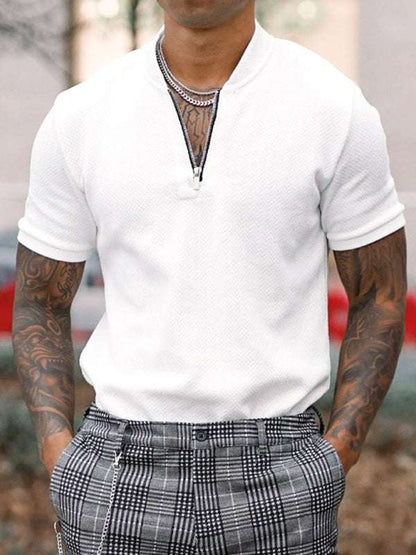 Stylish Men's Zipper Stand Collar Short Sleeve Tee for Effortless Casual Chic - MENLL
