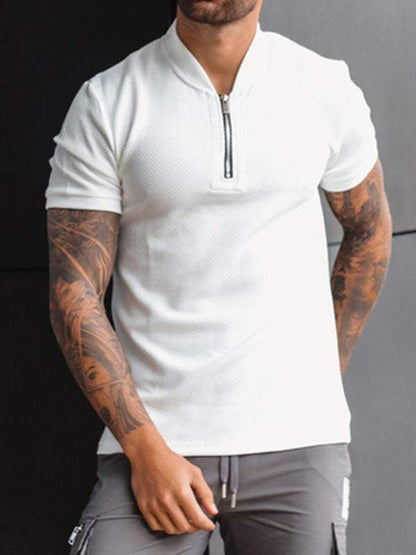 Stylish Men's Zipper Stand Collar Short Sleeve Tee for Effortless Casual Chic - MENLL