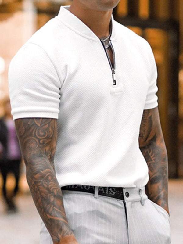 Stylish Men's Zipper Stand Collar Short Sleeve Tee for Effortless Casual Chic - MENLL