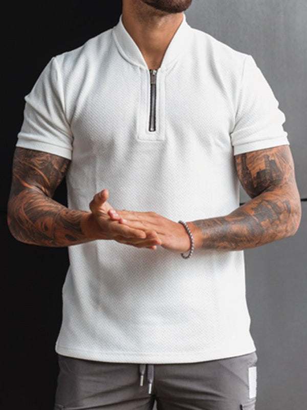 Stylish Men's Zipper Stand Collar Short Sleeve Tee for Effortless Casual Chic - MENLL