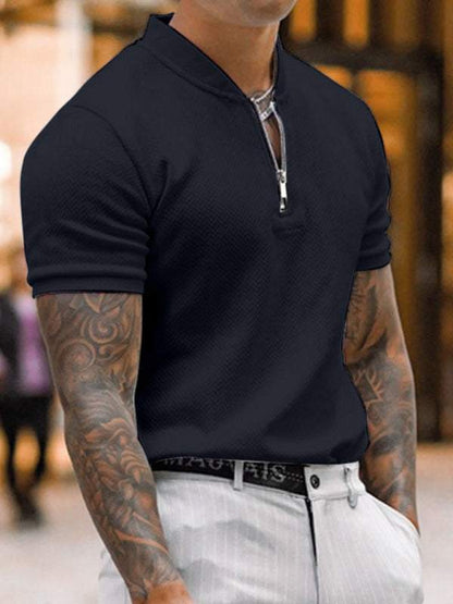 Stylish Men's Zipper Stand Collar Short Sleeve Tee for Effortless Casual Chic - MENLL