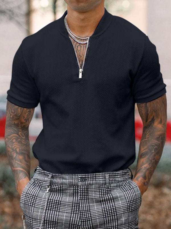 Stylish Men's Zipper Stand Collar Short Sleeve Tee for Effortless Casual Chic - MENLL