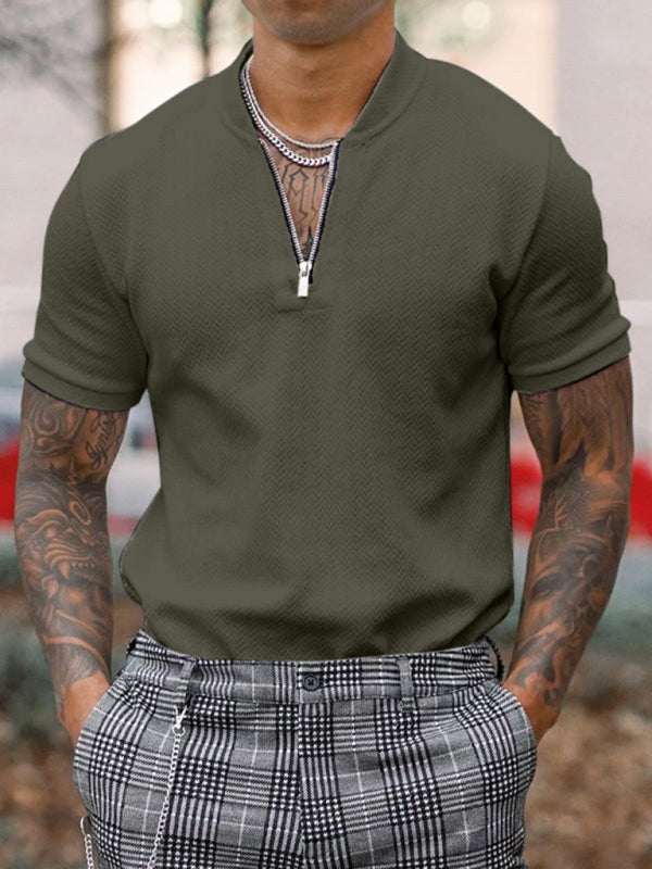 Stylish Men's Zipper Stand Collar Short Sleeve Tee for Effortless Casual Chic - MENLL