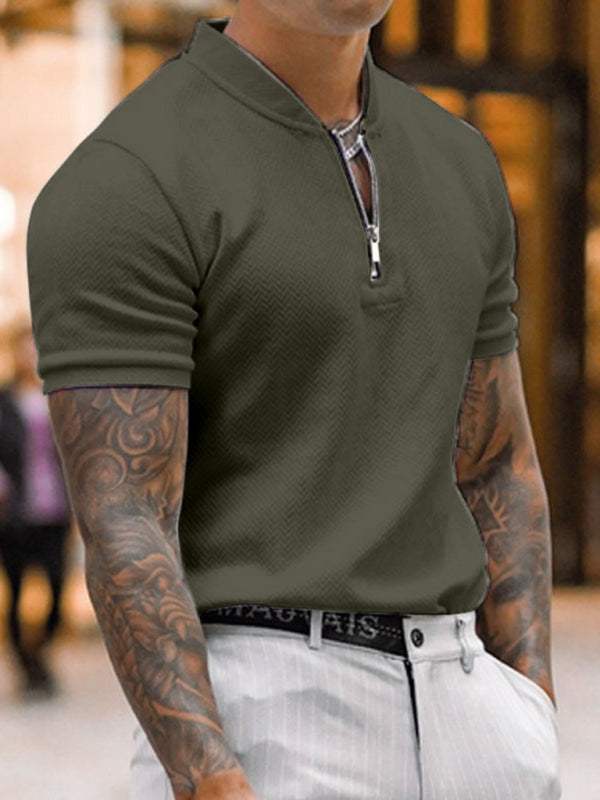 Stylish Men's Zipper Stand Collar Short Sleeve Tee for Effortless Casual Chic - MENLL