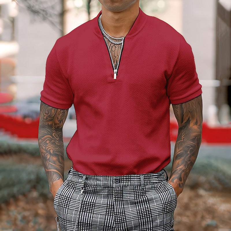 Stylish Men's Zipper Stand Collar Short Sleeve Tee for Effortless Casual Chic - MENLL