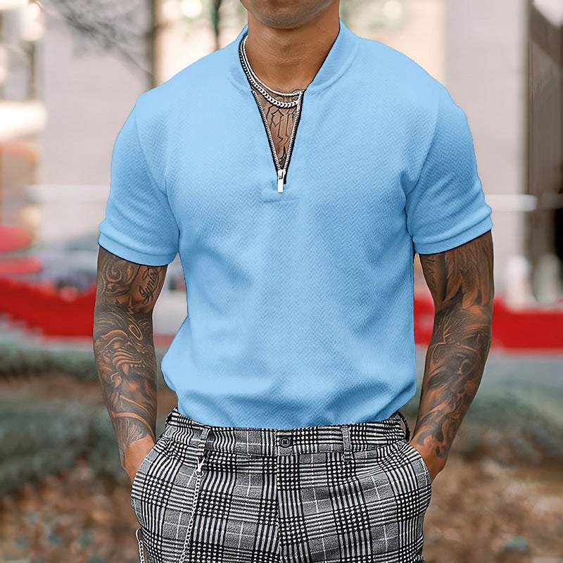 Stylish Men's Zipper Stand Collar Short Sleeve Tee for Effortless Casual Chic - MENLL